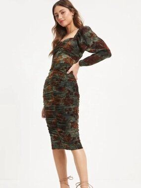 VICI For Your Love Velvet Floral Ruched Midi Dress Sage Size M
